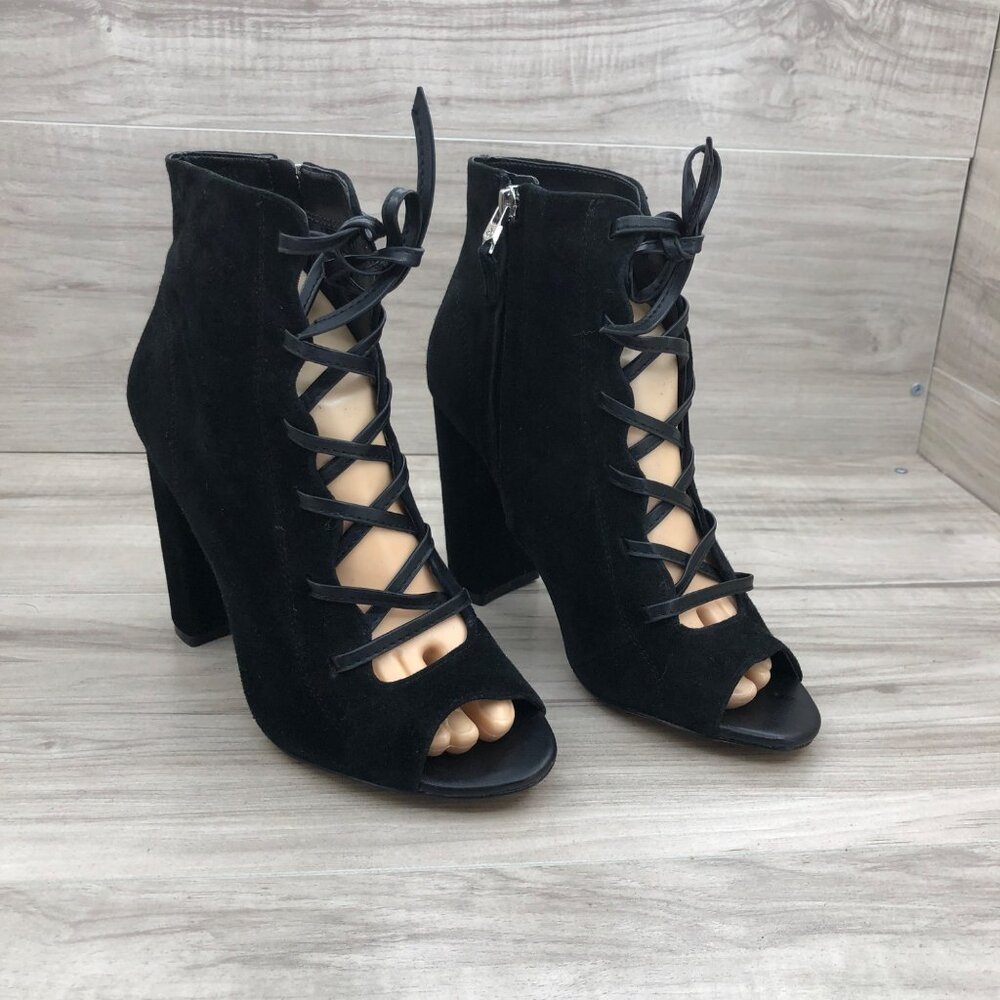 Sam Edelman Booties Womens 7.5 Yvie Black Suede Zip Lace Up Open Toe Ankle Boots